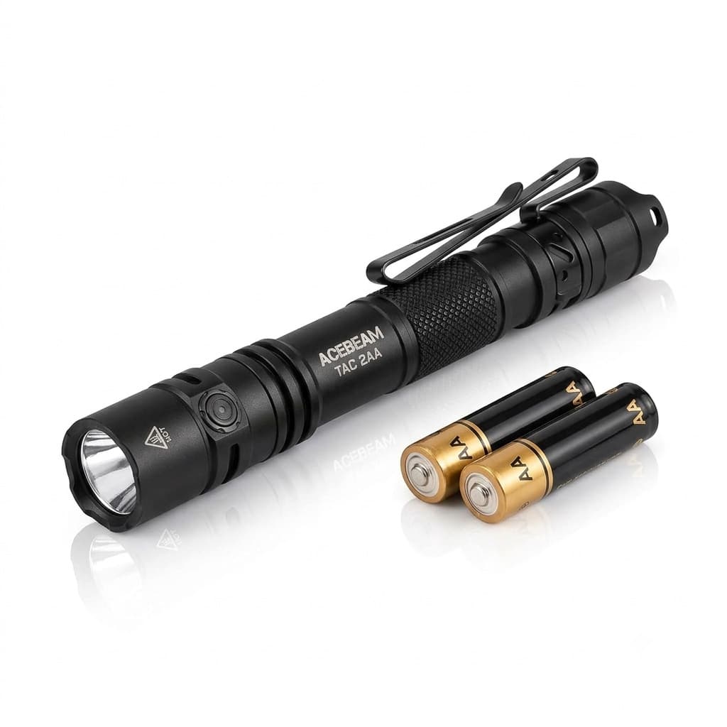 Acebeam TAC 2AA flashlight with its pocket clip and two AA batteries