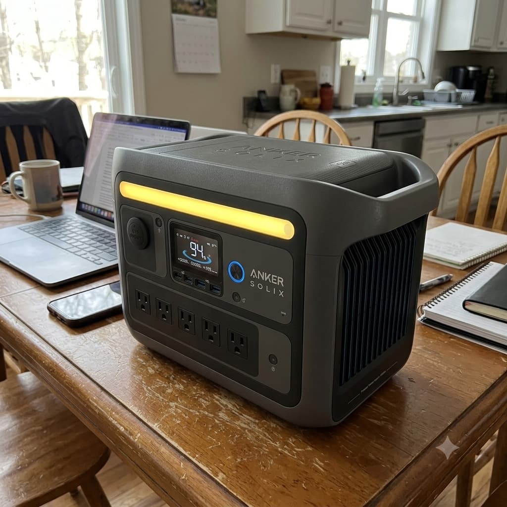 Anker SOLIX C800 power station on a kitchen table next to a laptop