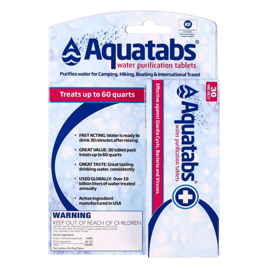 Aquatabs 49mg water purification tablets retail pack, 30 tablets treating up to 60 quarts