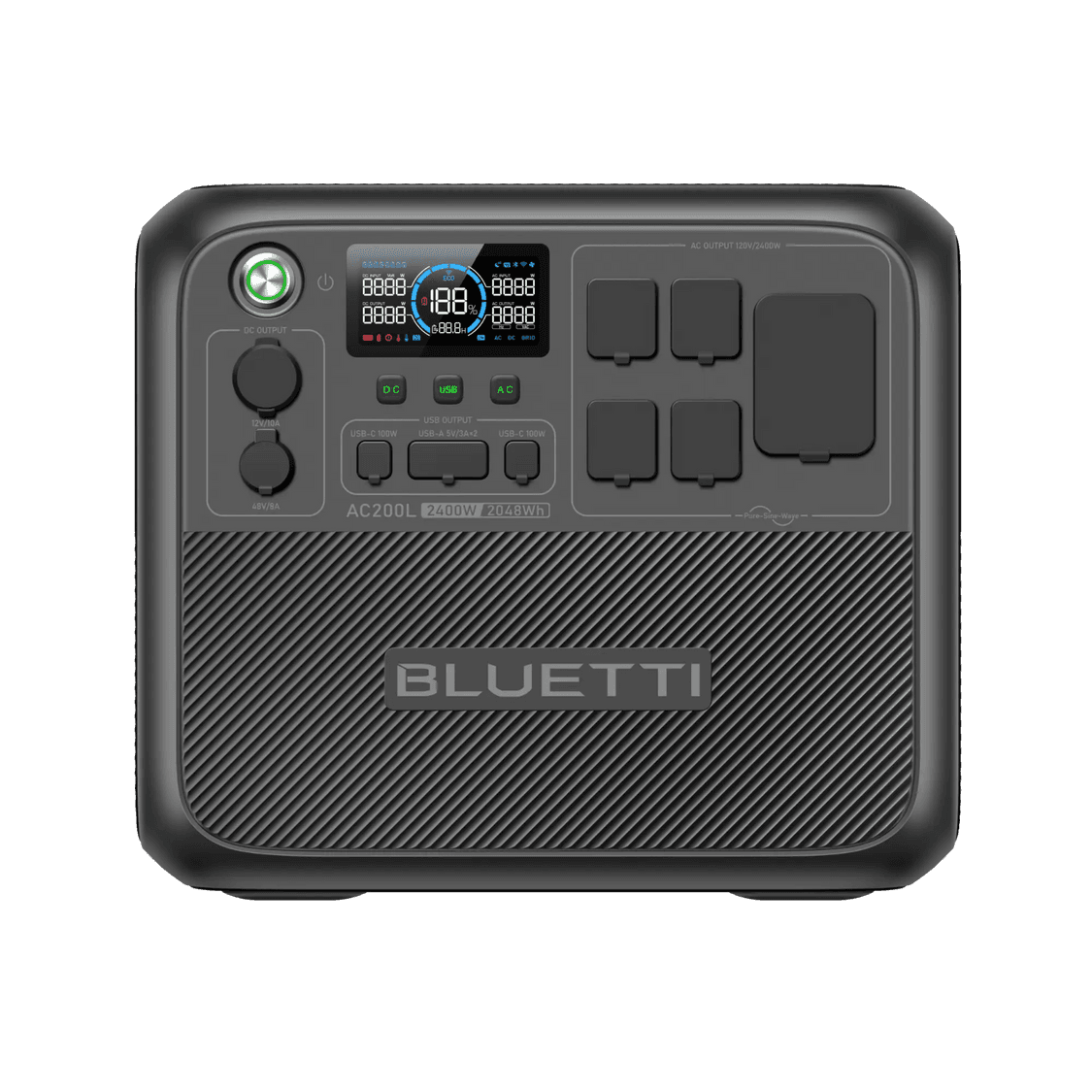 BLUETTI AC200L Portable Power Station from the front, featuring a glowing power button and covered outlets.