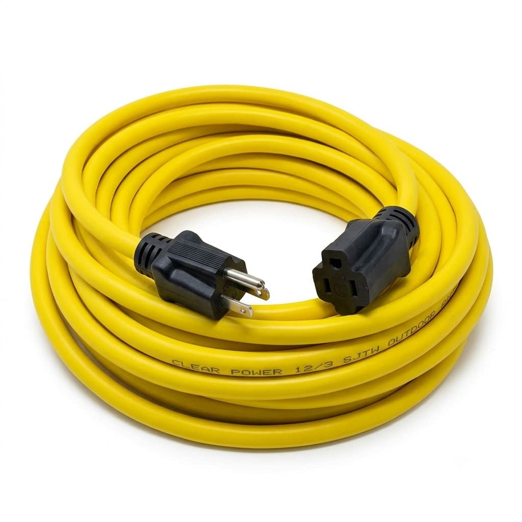 Coiled yellow Clear Power 12/3 extension cord with black plug ends