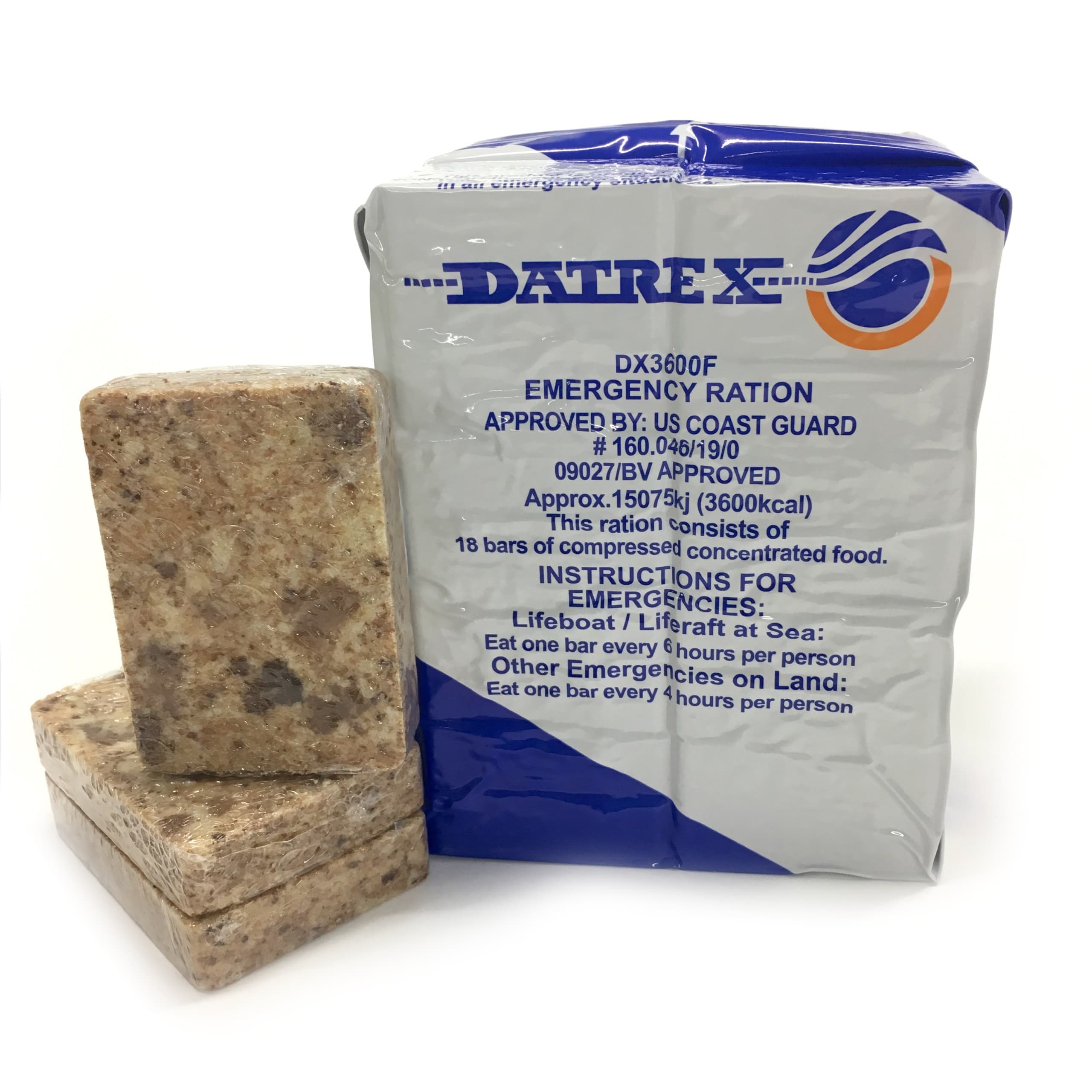 DATREX DX3600F emergency ration package with food bars beside it