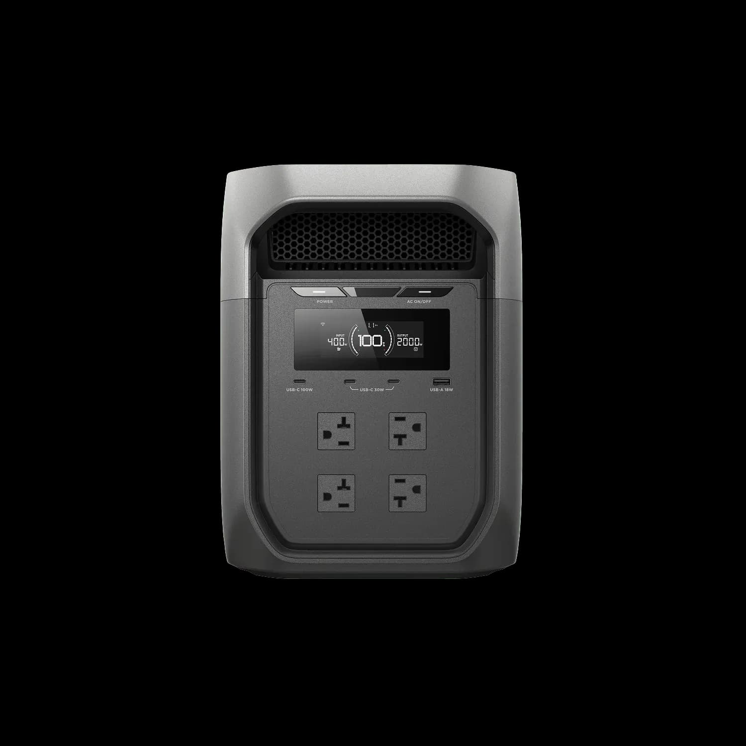 Front view of the EcoFlow DELTA 3 Max Plus Portable Power Station showing its digital display and outlets.