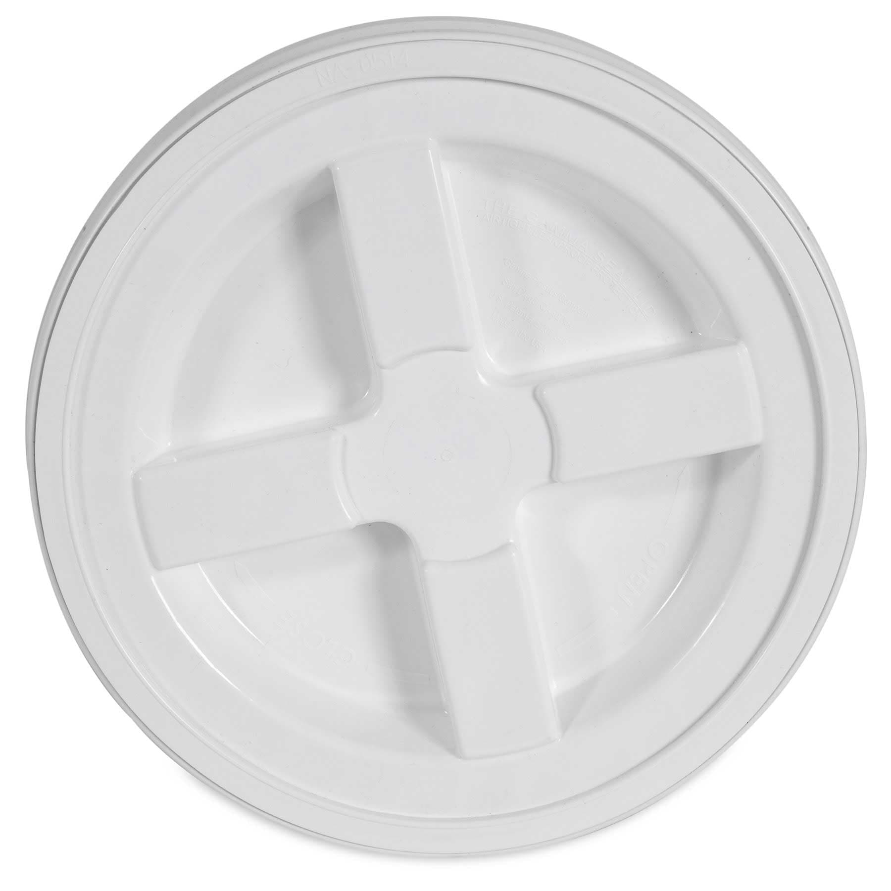 The white Gamma Seal screw-on lid, seen from above
