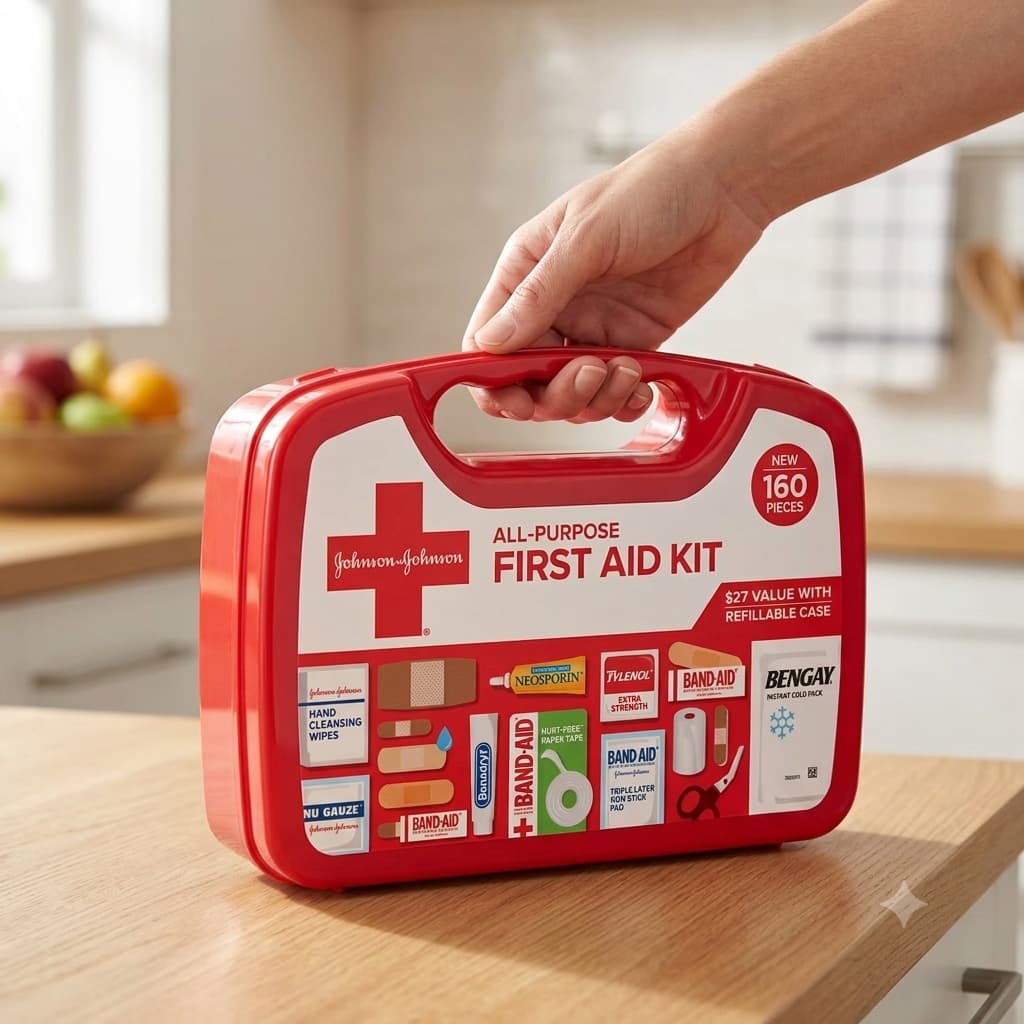 Johnson & Johnson All-Purpose First Aid Kit carried by its handle in a kitchen