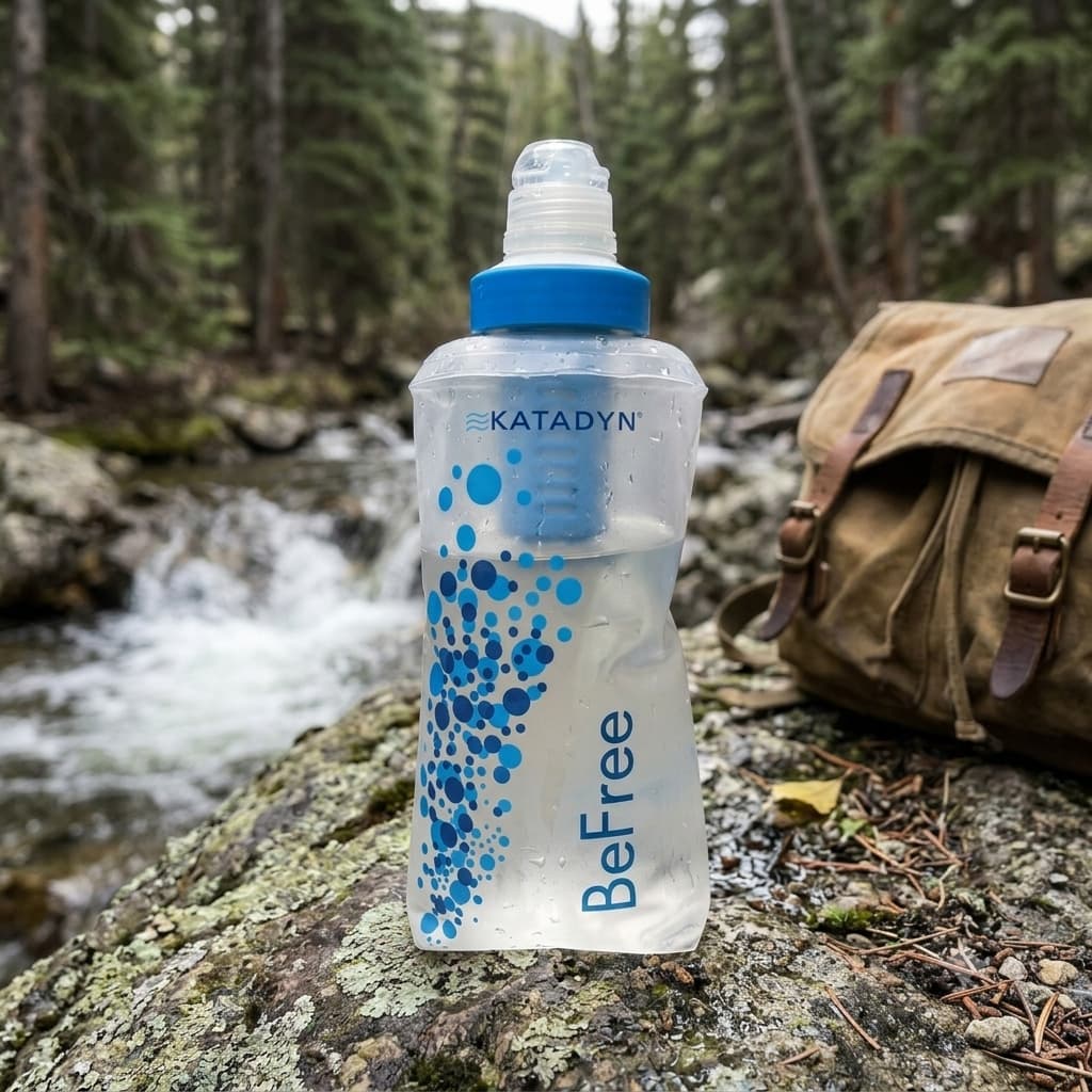 Katadyn BeFree 0.6L filter flask standing on a rock beside a mountain stream