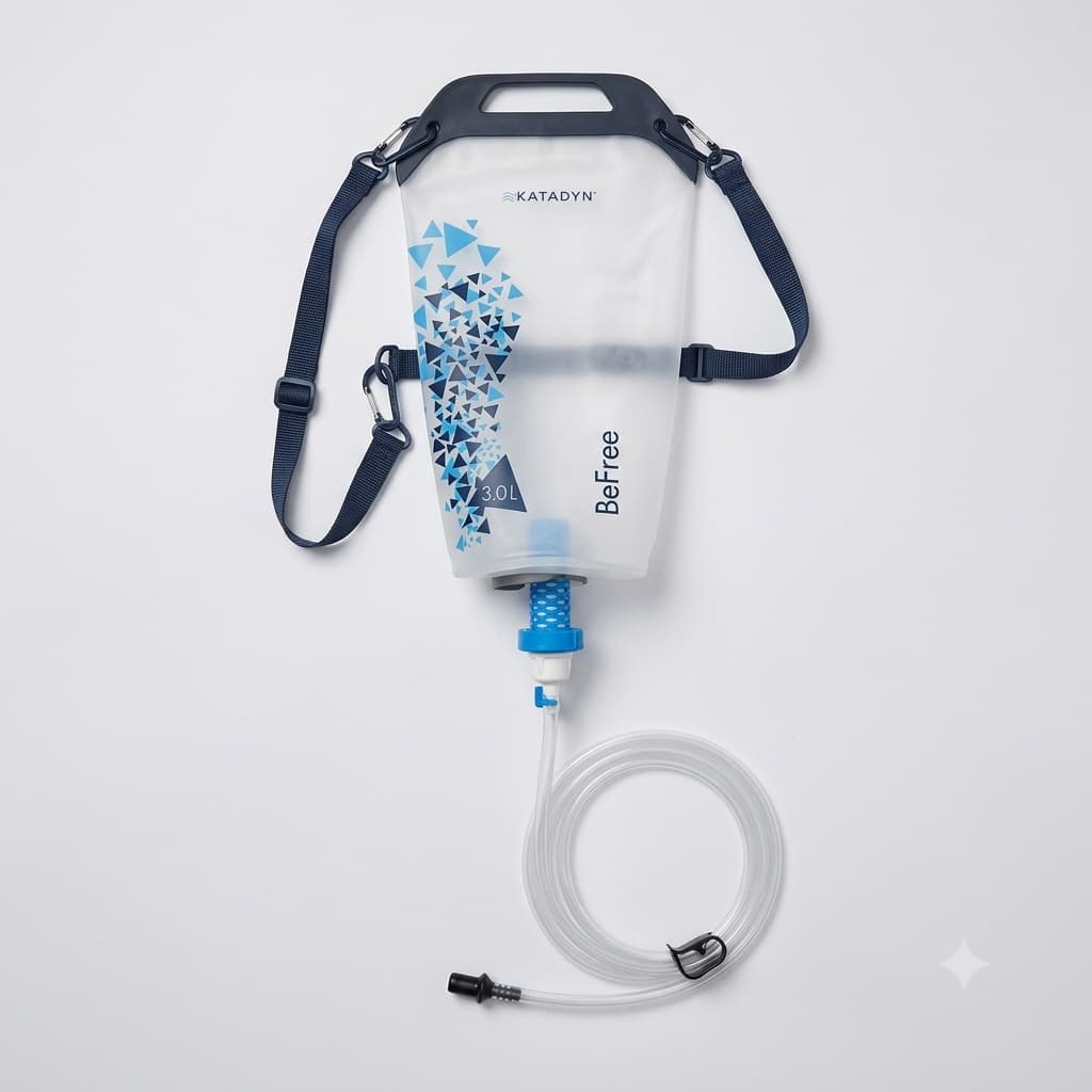 Katadyn Gravity BeFree 3.0L reservoir with its shoulder strap, filter and hose