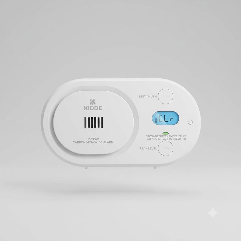 Kidde 10-year carbon monoxide alarm, front view with its display and buttons