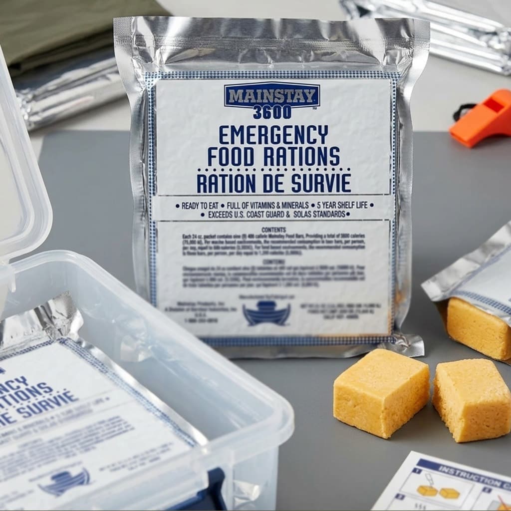 Mainstay 3600 emergency food ration packet with two ration bars beside it