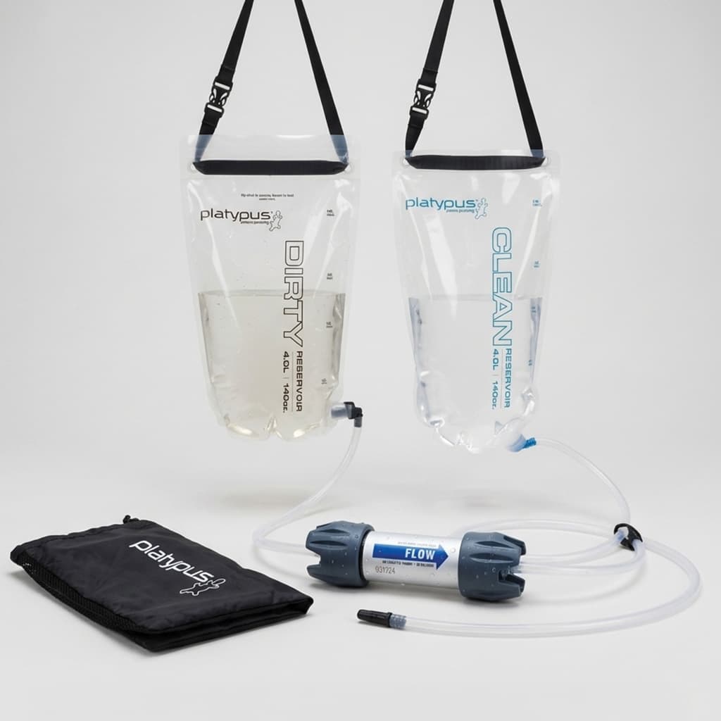 Platypus GravityWorks 4L system: dirty and clean reservoirs, filter, hoses and storage sack