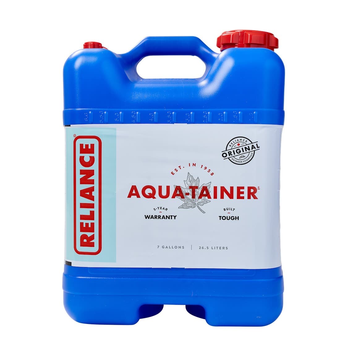 Reliance Aqua-Tainer 7-gallon water container, front view with the label showing 7 gallons / 26.5 liters