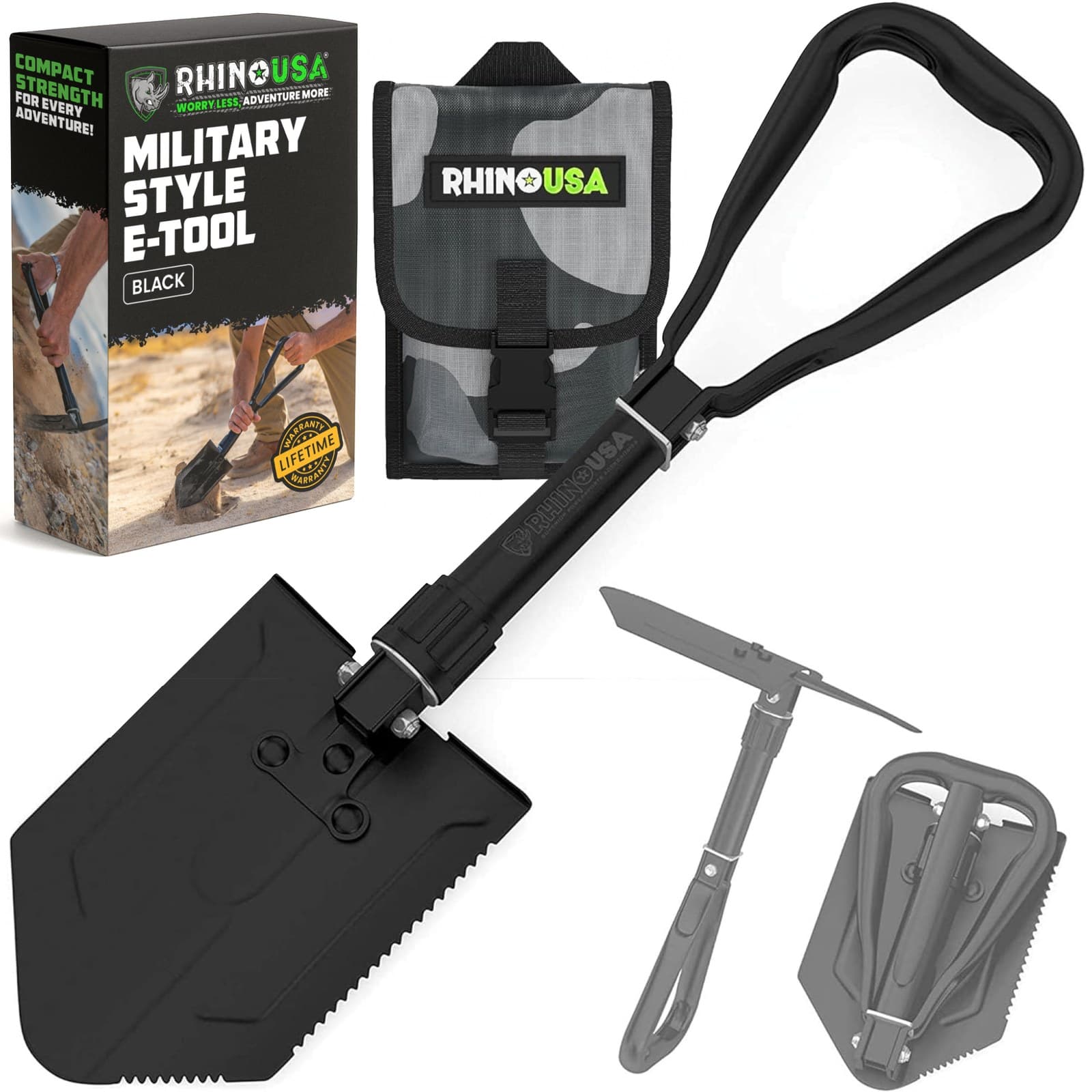 Rhino USA folding shovel with a black steel blade and triangle handle, shown with its camo carry case and box, plus small views of it folded and set as a pick