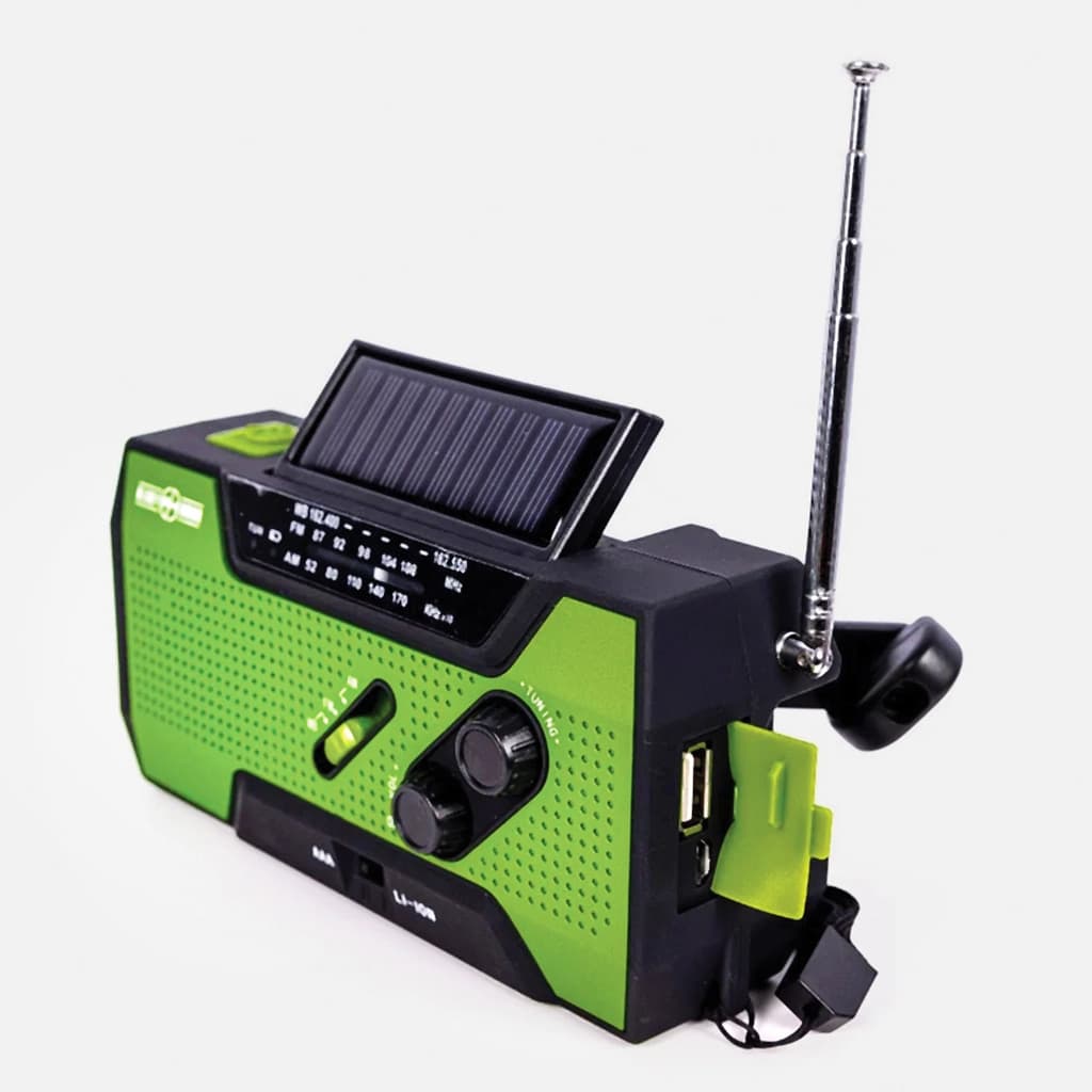RunningSnail MD-090P crank radio with its solar panel raised and antenna extended