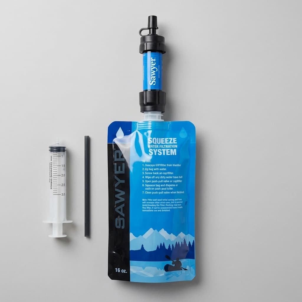 Sawyer MINI filter attached to its 16 oz squeeze pouch, with the cleaning syringe and straw