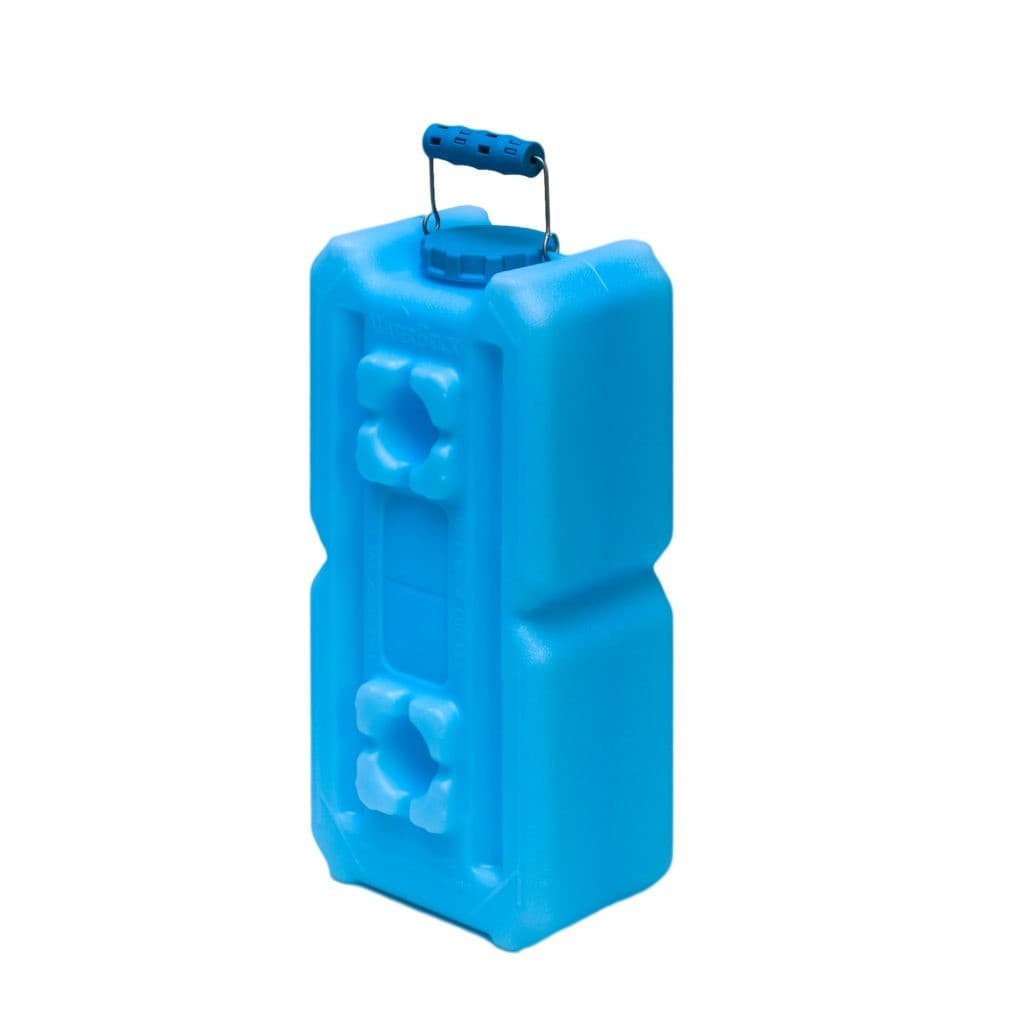 WaterBrick Standard 3.5-gallon stackable water container standing upright with its carry handle raised