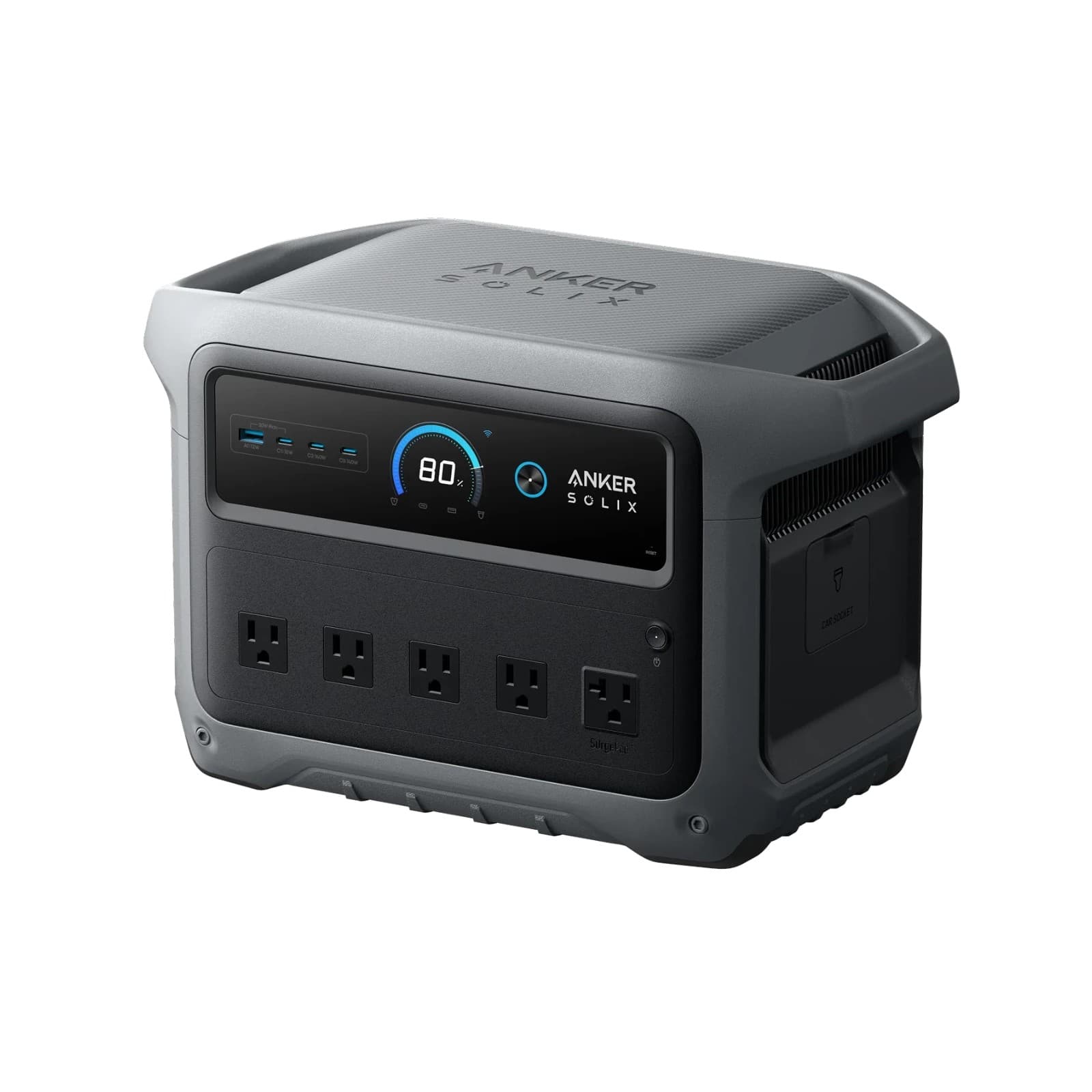 Anker SOLIX C1000 Gen 2 portable power station, front three-quarter view showing the battery display, USB ports and five AC outlets