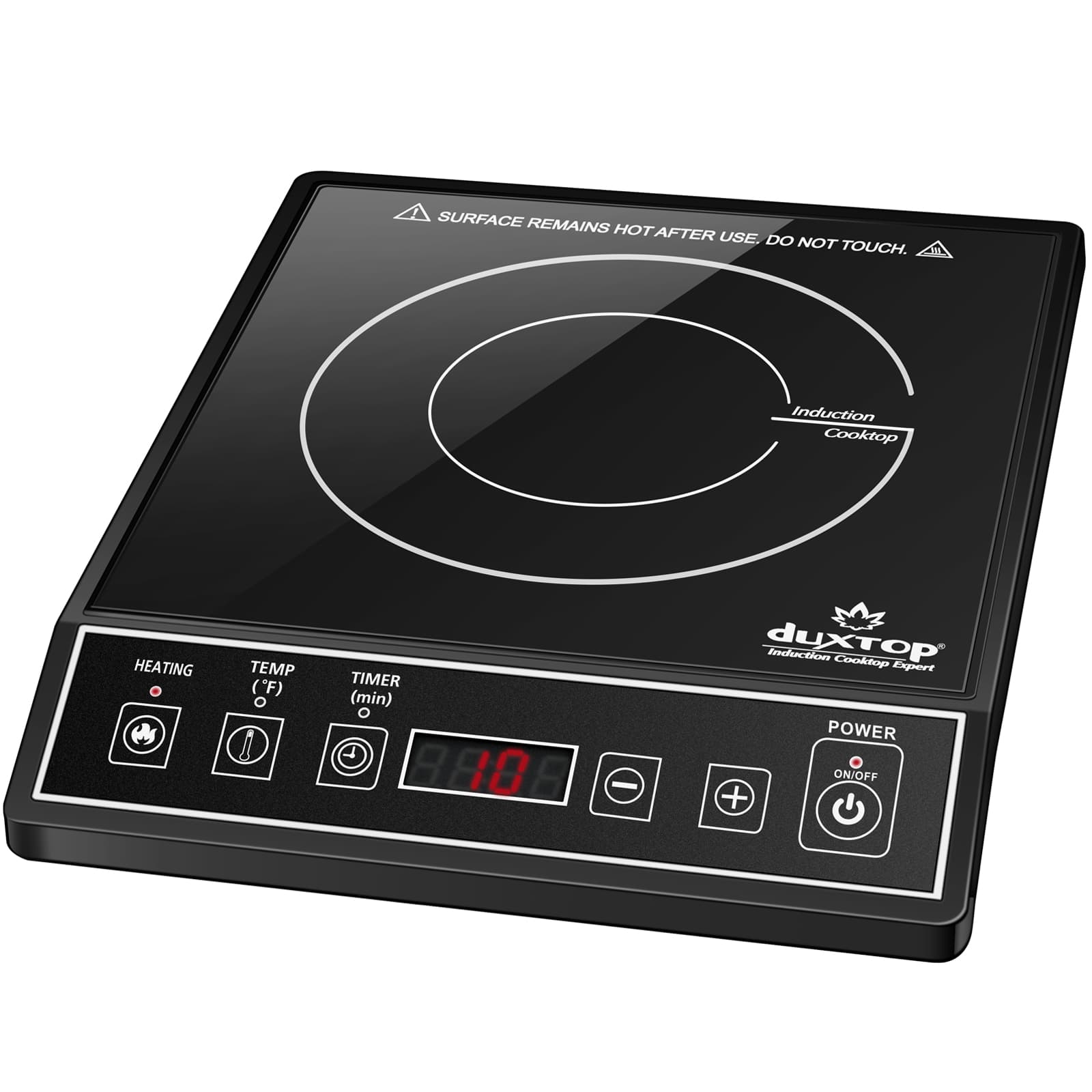 The black Duxtop 9100MC induction burner with its control panel along the front