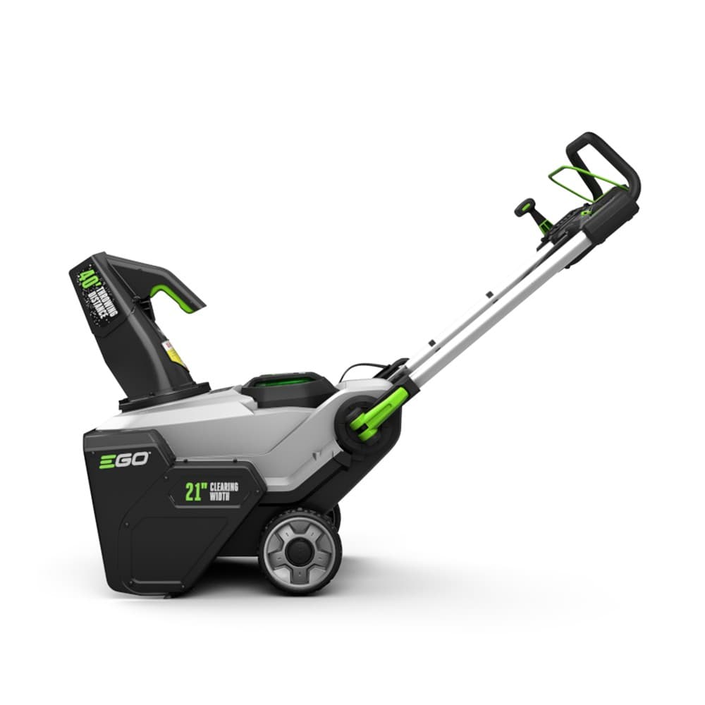 EGO 21-inch cordless single-stage snow blower in side view, gray and black with green accents