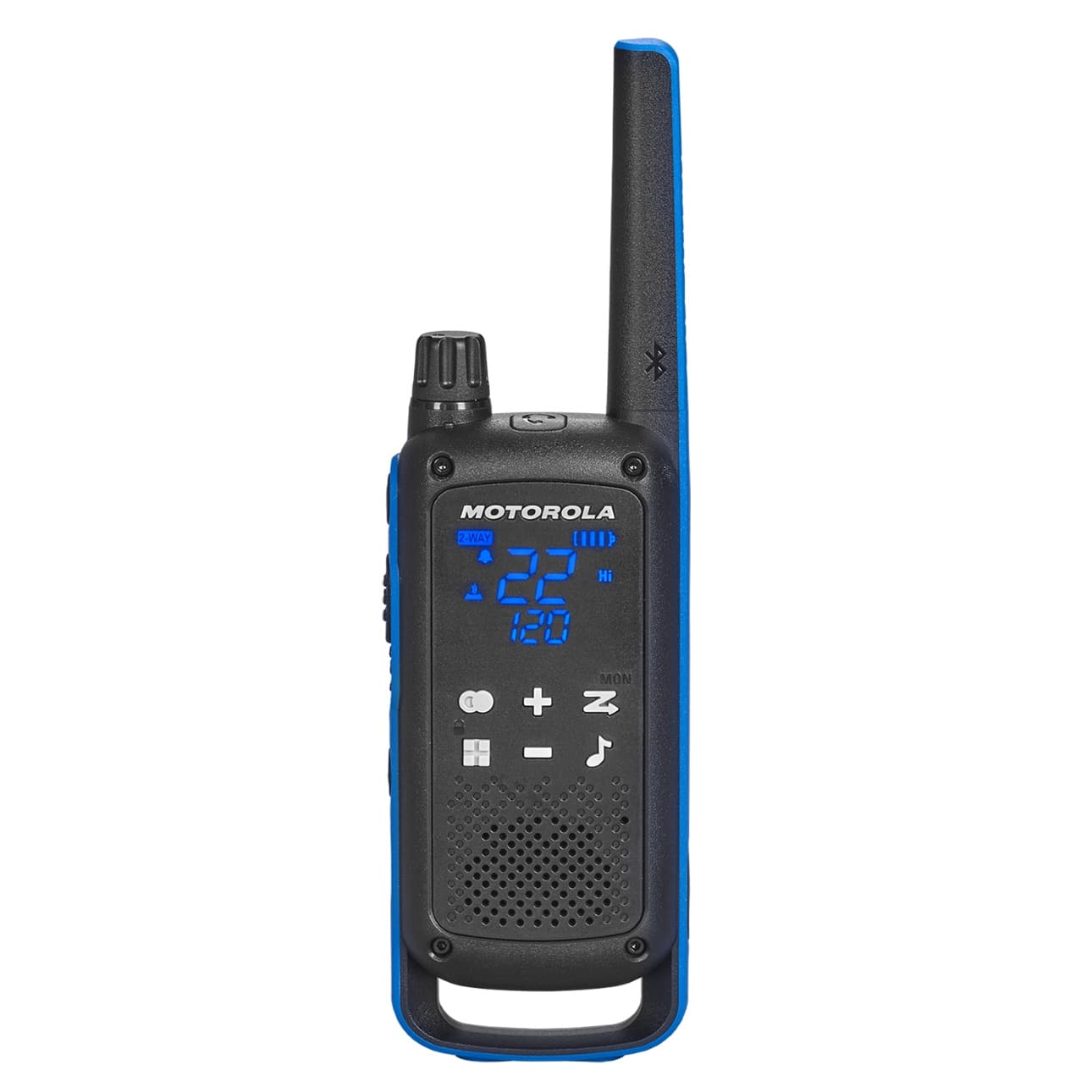 A Motorola Talkabout T802 two-way radio, black with a blue trim, front view with its display lit