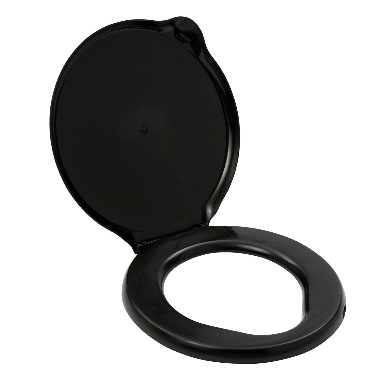 The black Reliance Luggable Loo toilet seat with its lid open