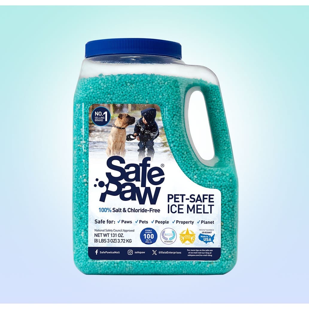 An 8-pound jug of Safe Paw ice melt with teal granules and a blue lid