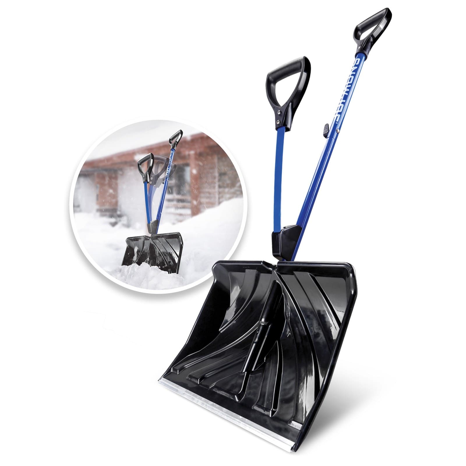 Snow Joe Shovelution snow shovel with a black 18-inch blade, blue handle and a second spring-loaded handle, with a small inset photo of it in snow