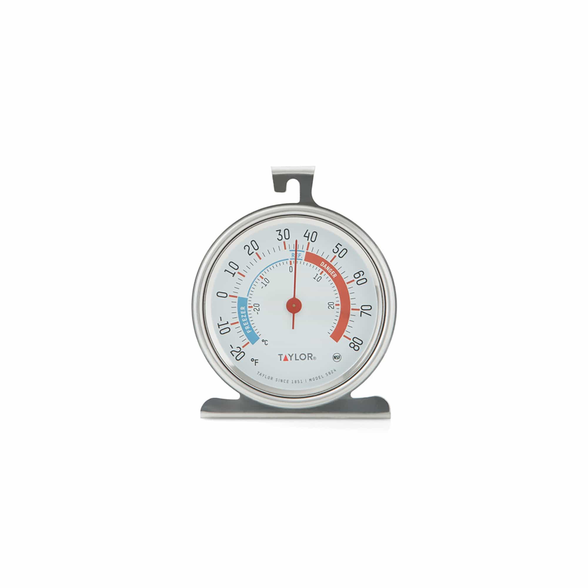 The Taylor 5924 refrigerator and freezer dial thermometer on its stand, with blue freezer and red danger zones on the dial